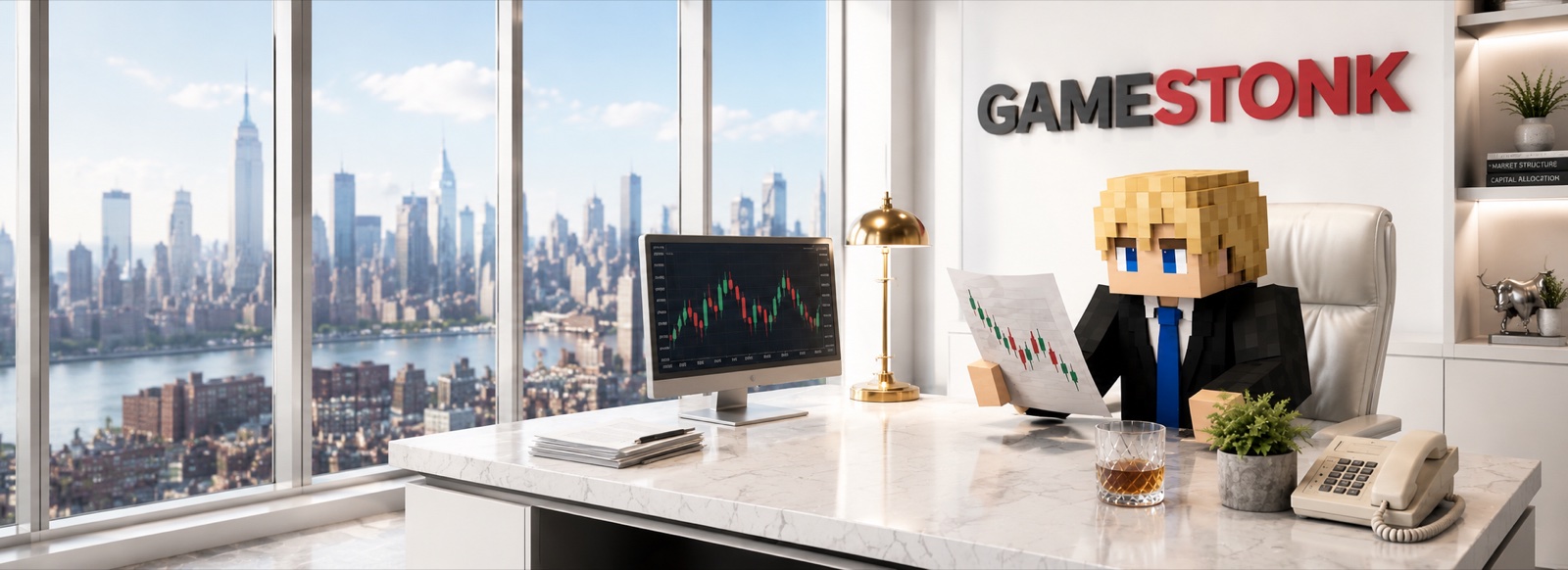 GAMESTONK - a pixel-art broker studies a candle chart in a corner office