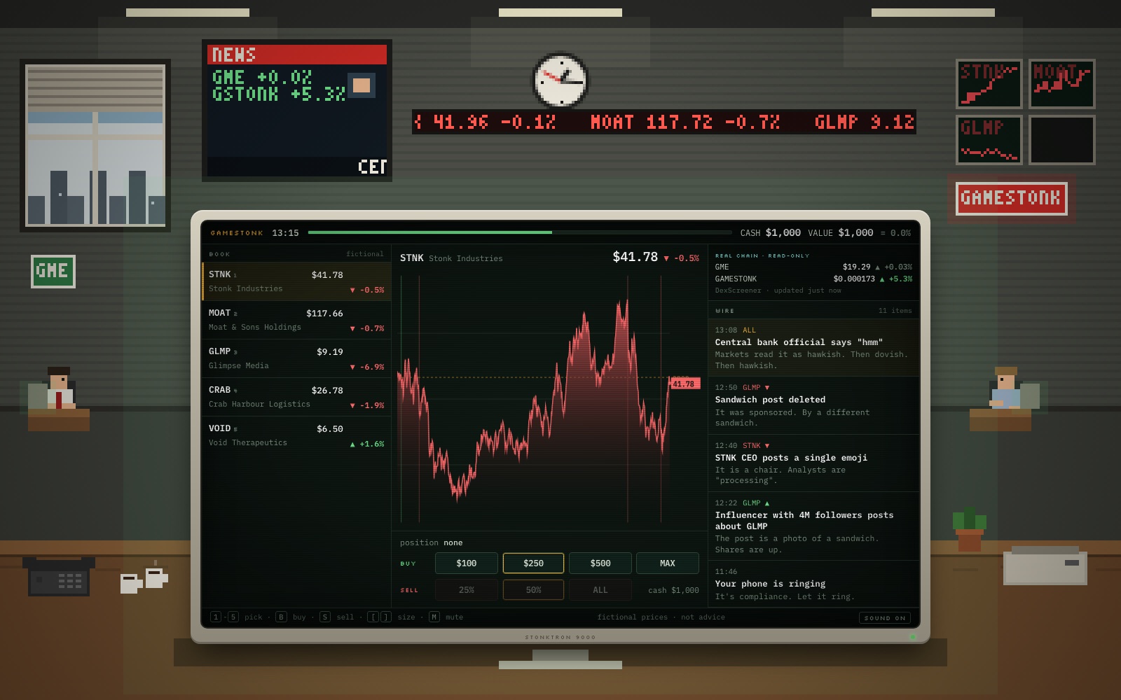 GAMESTONK: MARKET OPEN - a pixel-art trading room with a CRT terminal showing five fictional stocks, a chart and a news wire